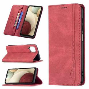 For Samsung Galaxy A12 Magnetic RFID Blocking Anti-Theft Leather Case with Holder & Card Slots & Wallet(Red)