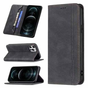 For iPhone 12 / 12 Pro Magnetic RFID Blocking Anti-Theft Leather Case with Holder & Card Slots & Wallet(Black)