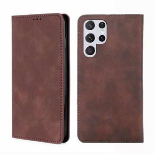 For Samaung Galaxy S22 Ultra 5G Skin Feel Magnetic Horizontal Flip Leather Case with Holder & Card Slots(Dark Brown)