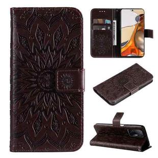 For Xiaomi 11T / 11T Pro Pressed Printing Sunflower Pattern Horizontal Flip PU Leather Case with Holder & Card Slots & Wallet & Lanyard(Brown)