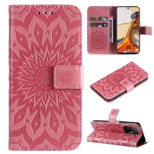 For Xiaomi 11T / 11T Pro Pressed Printing Sunflower Pattern Horizontal Flip PU Leather Case with Holder & Card Slots & Wallet & Lanyard(Pink)