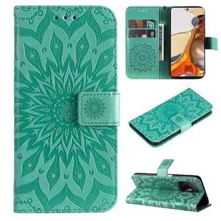 For Xiaomi 11T / 11T Pro Pressed Printing Sunflower Pattern Horizontal Flip PU Leather Case with Holder & Card Slots & Wallet & Lanyard(Green)