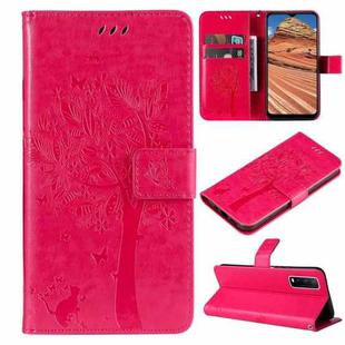 For vivo Y11s/Y12A/Y12s/Y20/Y20A/Y20s/Y20G/Y20SG Tree & Cat Embossing Pattern Horizontal Flip PU Leather Case with Holder & Card Slots & Wallet & Lanyard(Rose Red)