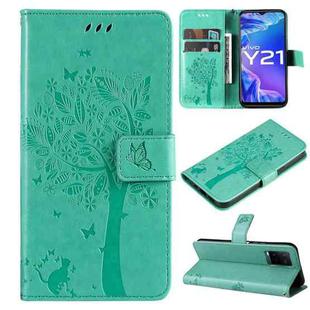 For vivo Y21/Y21s/Y33s Tree & Cat Embossing Pattern Horizontal Flip PU Leather Case with Holder & Card Slots & Wallet & Lanyard(Green)