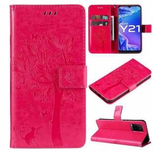 For vivo Y21/Y21s/Y33s Tree & Cat Embossing Pattern Horizontal Flip PU Leather Case with Holder & Card Slots & Wallet & Lanyard(Rose Red)