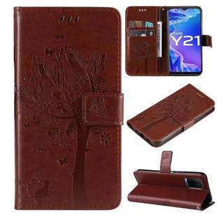 For vivo Y21/Y21s/Y33s Tree & Cat Embossing Pattern Horizontal Flip PU Leather Case with Holder & Card Slots & Wallet & Lanyard(Coffee)
