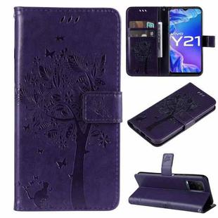 For vivo Y21/Y21s/Y33s Tree & Cat Embossing Pattern Horizontal Flip PU Leather Case with Holder & Card Slots & Wallet & Lanyard(Purple)