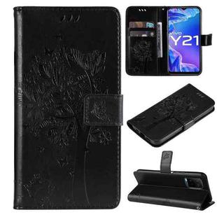For vivo Y21/Y21s/Y33s Tree & Cat Embossing Pattern Horizontal Flip PU Leather Case with Holder & Card Slots & Wallet & Lanyard(Black)