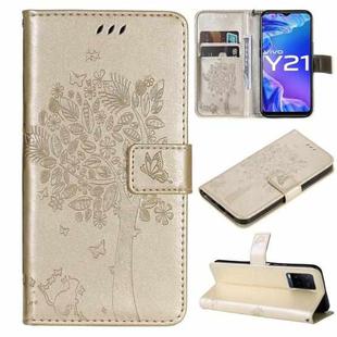 For vivo Y21/Y21s/Y33s Tree & Cat Embossing Pattern Horizontal Flip PU Leather Case with Holder & Card Slots & Wallet & Lanyard(Gold)