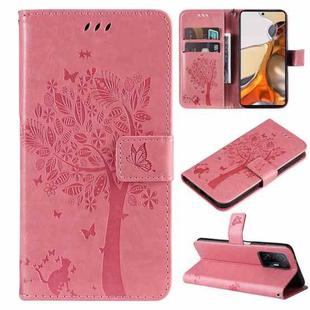 For Xiaomi 11T / 11T Pro Tree & Cat Embossing Pattern Horizontal Flip PU Leather Case with Holder & Card Slots & Wallet & Lanyard(Pink)