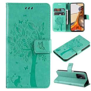 For Xiaomi 11T / 11T Pro Tree & Cat Embossing Pattern Horizontal Flip PU Leather Case with Holder & Card Slots & Wallet & Lanyard(Green)
