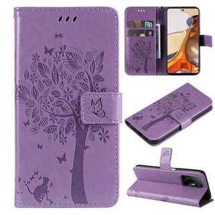 For Xiaomi 11T / 11T Pro Tree & Cat Embossing Pattern Horizontal Flip PU Leather Case with Holder & Card Slots & Wallet & Lanyard(Light Purple)