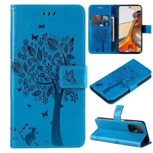 For Xiaomi 11T / 11T Pro Tree & Cat Embossing Pattern Horizontal Flip PU Leather Case with Holder & Card Slots & Wallet & Lanyard(Blue)