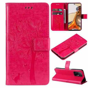 For Xiaomi 11T / 11T Pro Tree & Cat Embossing Pattern Horizontal Flip PU Leather Case with Holder & Card Slots & Wallet & Lanyard(Rose Red)