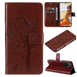 For Xiaomi 11T / 11T Pro Tree & Cat Embossing Pattern Horizontal Flip PU Leather Case with Holder & Card Slots & Wallet & Lanyard(Coffee)