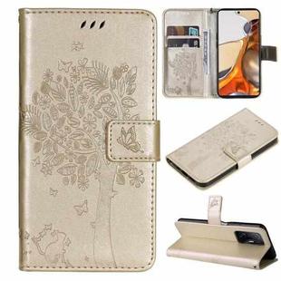For Xiaomi 11T / 11T Pro Tree & Cat Embossing Pattern Horizontal Flip PU Leather Case with Holder & Card Slots & Wallet & Lanyard(Gold)
