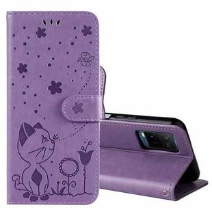 For vivo Y21 2021 / Y21s / Y33s Cat Bee Embossing Pattern Shockproof Horizontal Flip Leather Case with Holder & Card Slots & Wallet(Purple)