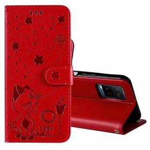 For vivo Y21 2021 / Y21s / Y33s Cat Bee Embossing Pattern Shockproof Horizontal Flip Leather Case with Holder & Card Slots & Wallet(Red)