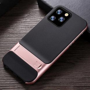 For iPhone 11 Pro Plaid Texture Non-slip TPU + PC Case with Holder(Rose Gold)