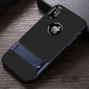 For iPhone XS Max Plaid Texture Non-slip TPU + PC Case with Holder(Dark Blue)