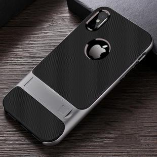 For iPhone XS Max Plaid Texture Non-slip TPU + PC Case with Holder(Space Gray)