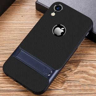 For iPhone XR Plaid Texture Non-slip TPU + PC Case with Holder(Dark Blue)