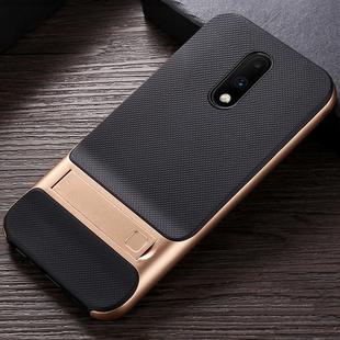 For OnePlus 7 Plaid Texture Non-slip TPU + PC Case with Holder(Gold)