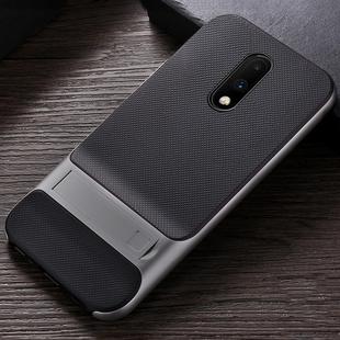 For OnePlus 7 Plaid Texture Non-slip TPU + PC Case with Holder(Space Gray)