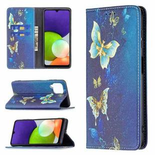 For Samsung Galaxy A22 4G Colored Drawing Pattern Invisible Magnetic Horizontal Flip Leather Phone Case with Holder & Card Slots & Wallet(Gold Butterflies)