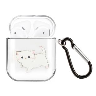 For AirPods 1 / 2 High Transparent TPU Colorful Painting Earphone Protective Case with Hook(White Cat)
