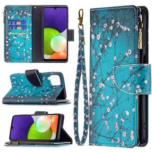 For Samsung Galaxy A22 4G Colored Drawing Pattern Zipper Horizontal Flip Leather Phone Case with Holder & Card Slots & Wallet(Plum Blossom)