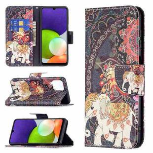 For Samsung Galaxy A22 4G Colored Drawing Pattern Horizontal Flip Leather Phone Case with Holder & Card Slots & Wallet(Flowers Elephant)