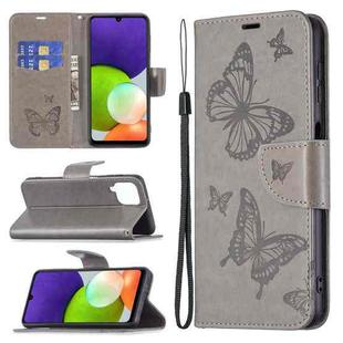 For Samsung Galaxy A22 4G Embossing Two Butterflies Pattern Horizontal Flip Leather Phone Case with Holder & Card Slot & Wallet & Lanyard(Grey)