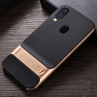 For Galaxy A40 Plaid Texture Non-slip TPU + PC Case with Holder(Gold)