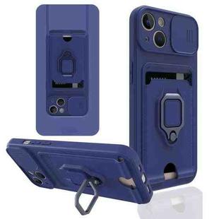 Sliding Camera Cover Design TPU Shockproof Phone Case with Holder & Card Slots For iPhone 13(Navy Blue)