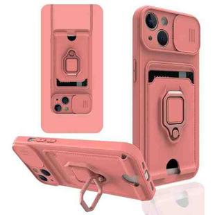 Sliding Camera Cover Design TPU Shockproof Phone Case with Holder & Card Slots For iPhone 13(Pink)