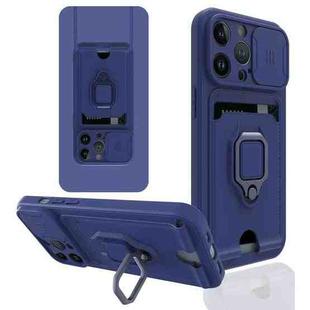 Sliding Camera Cover Design TPU Shockproof Phone Case with Holder & Card Slots For iPhone 13 Pro(Navy Blue)