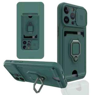For iPhone 13 Pro Sliding Camera Cover Design TPU Shockproof Phone Case with Holder & Card Slots (Dark Night Green)