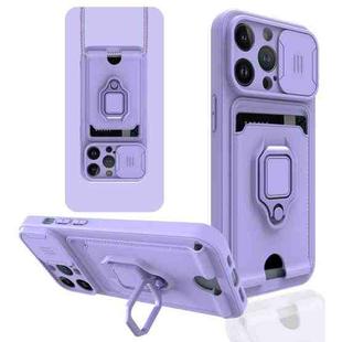 For iPhone 13 Pro Sliding Camera Cover Design TPU Shockproof Phone Case with Holder & Card Slots (Purple)