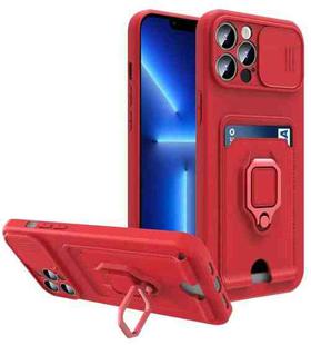 Sliding Camera Cover Design TPU Shockproof Phone Case with Holder & Card Slots For iPhone 13 Pro Max(Red)