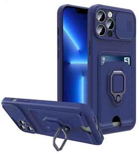 For iPhone 13 Pro Max Sliding Camera Cover Design TPU Shockproof Phone Case with Holder & Card Slots (Navy Blue)