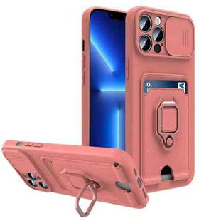 Sliding Camera Cover Design TPU Shockproof Phone Case with Holder & Card Slots For iPhone 13 Pro Max(Pink)