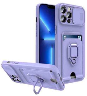 Sliding Camera Cover Design TPU Shockproof Phone Case with Holder & Card Slots For iPhone 13 Pro Max(Purple)
