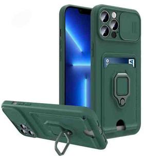 For iPhone 11 Pro Max Sliding Camera Cover Design TPU Shockproof Phone Case with Holder & Card Slots(Dark Night Green)