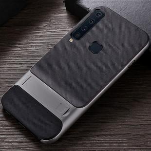 For Galaxy A9(2018) Plaid Texture Non-slip TPU + PC Case with Holder(Space Gray)