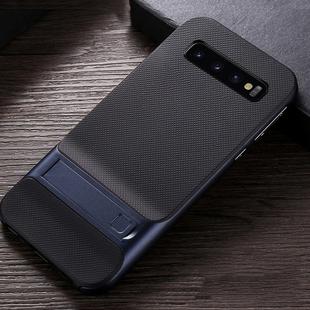 For Galaxy S10e Plaid Texture Non-slip TPU + PC Case with Holder(Dark Blue)