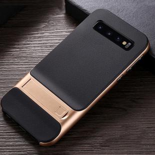 For Galaxy S10e Plaid Texture Non-slip TPU + PC Case with Holder(Gold)