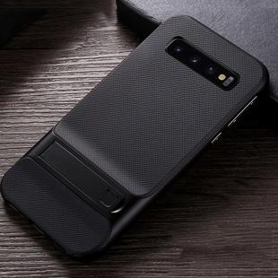 For Galaxy S10e Plaid Texture Non-slip TPU + PC Case with Holder(Black)
