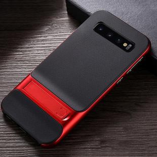 For Galaxy S10e Plaid Texture Non-slip TPU + PC Case with Holder(Red)