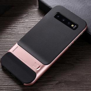 For Galaxy S10+ Plaid Texture Non-slip TPU + PC Case with Holder(Rose Gold)